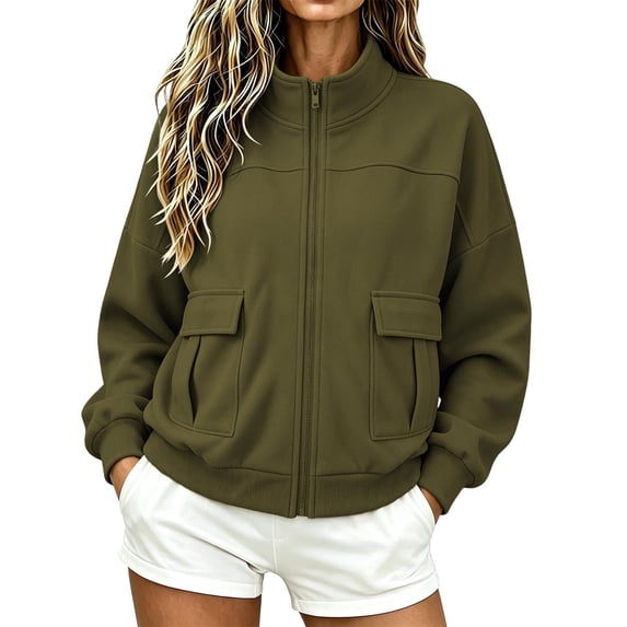 Ozmmyan Womens Long Sleeve Sweatshirt Stand Collar Full Zip Loose Casual Solid Sweatshirt Jacket with Pockets Fall Winter Spring