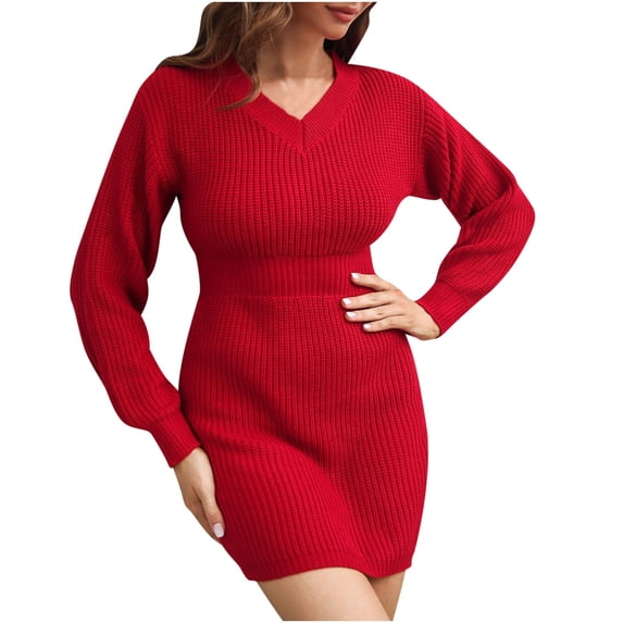 Ozmmyan Womens Loose Casual Soft Sweater Dress Long Sleeve V Neck High Waist Henley Tops Dress Pullover Knit Jumper Sweaters