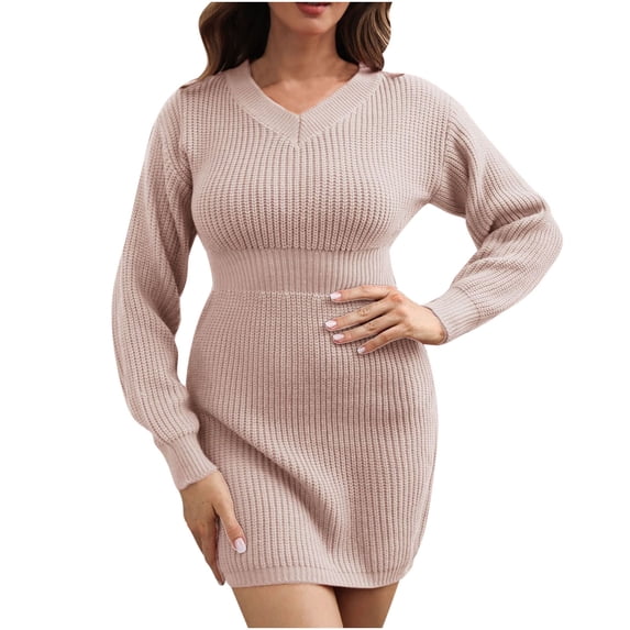 Ozmmyan Womens Loose Casual Soft Sweater Dress Long Sleeve V Neck High Waist Henley Tops Dress Pullover Knit Jumper Sweaters