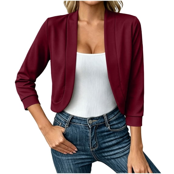 Ozmmyan Womens Open Front Blazer Cardigan 3/4 Sleeve Lightweight Casual Solid Color Cropped Jacket