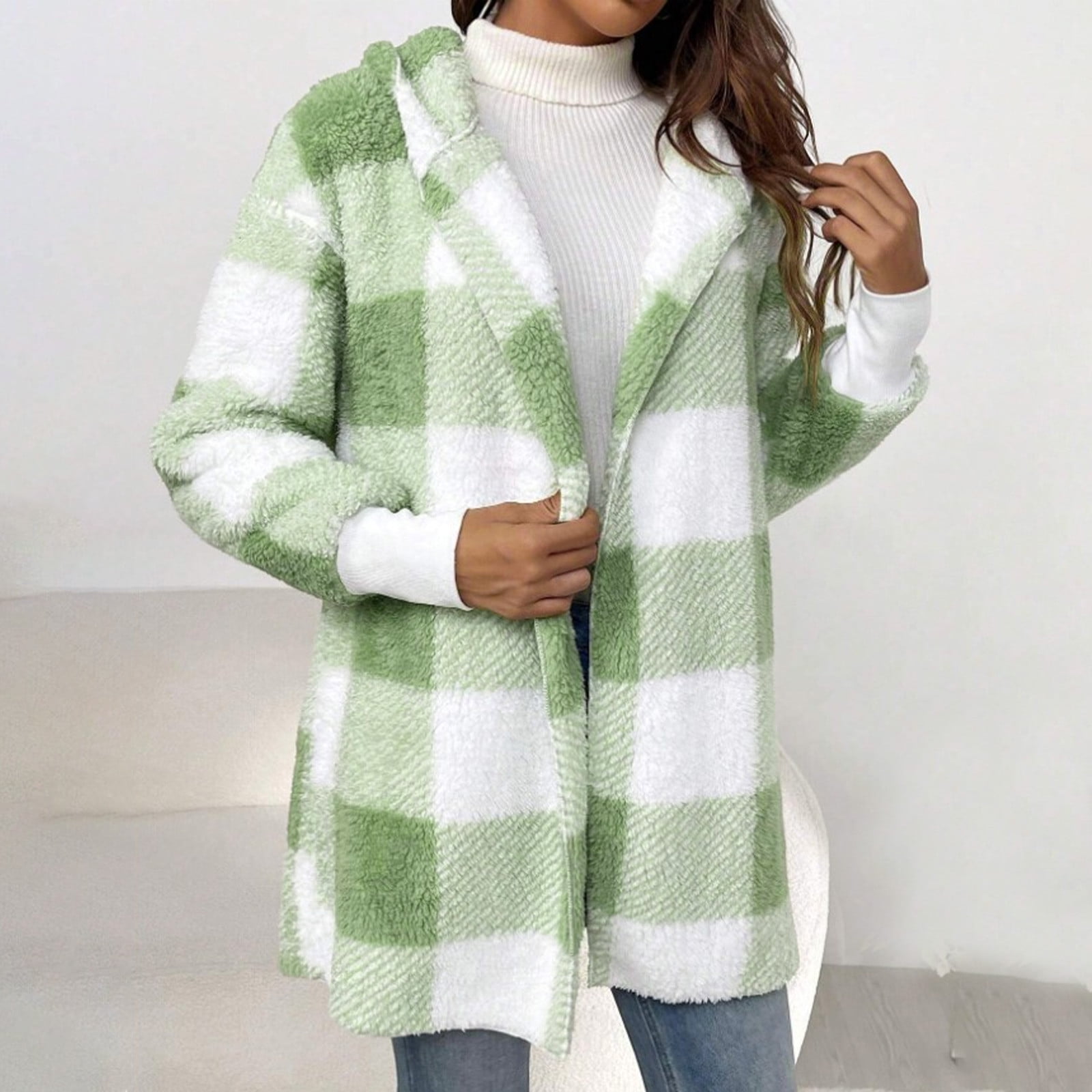 Ozmmyan Womens Plaid Jacket Long Sleeve Front Open Fleece Hooded ...