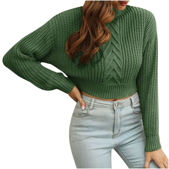 Ozmmyan Womens Soft Short Sweater Tops Long Sleeve Loose High Neck Show Waist Henley Tops Pullover Knit Jumper Sweaters