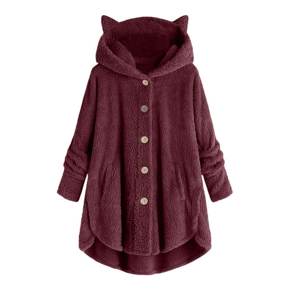 Ozmmyan Womens Sweater Button Plush Tops Hooded Loose Cardigan Solid Color Coat Jacket
