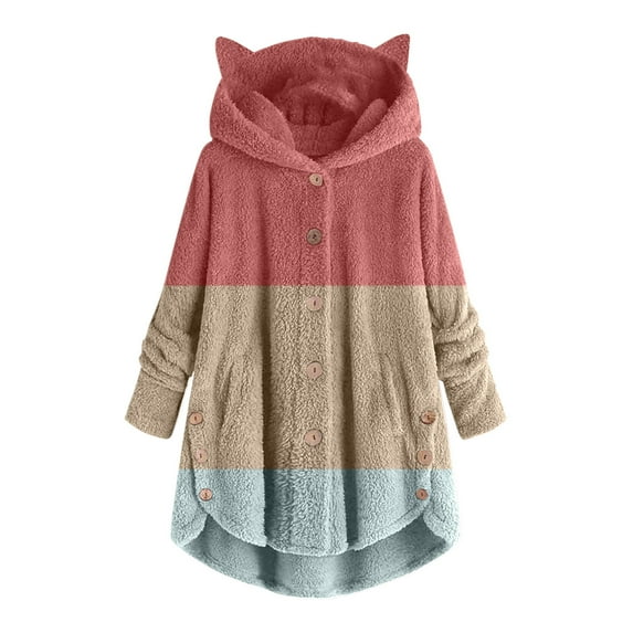 Ozmmyan Womens Sweater Button Plush Tops Hooded Loose Cardigan Solid Color Patchwork Coat Jacket