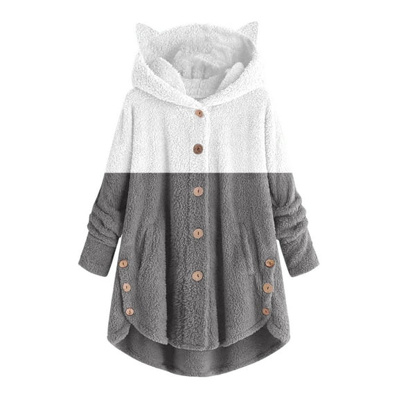 Ozmmyan Womens Sweater Button Plush Tops Hooded Loose Cardigan Solid Color Patchwork Coat Jacket