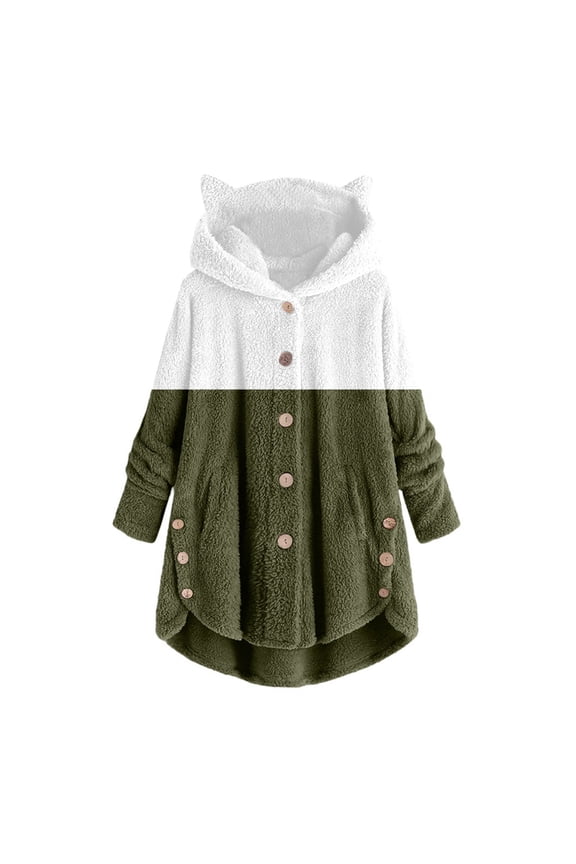 Womens Sweater Button Plush Tops Hooded Loose Cardigan Solid Color Patchwork Coat Jacket