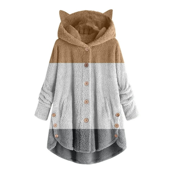 Ozmmyan Womens Sweater Button Plush Tops Hooded Loose Cardigan Solid Color Patchwork Coat Jacket