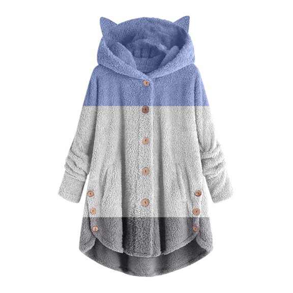 Ozmmyan Womens Sweater Button Plush Tops Hooded Loose Cardigan Solid Color Patchwork Coat Jacket