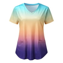 Ozmmyan Womens Tops Scrubs for Women Short Sleeve V-neck Scrubs Tops Working Uniform Printed with Two Pockets Blouse Nursing Uniform Saving Clearance