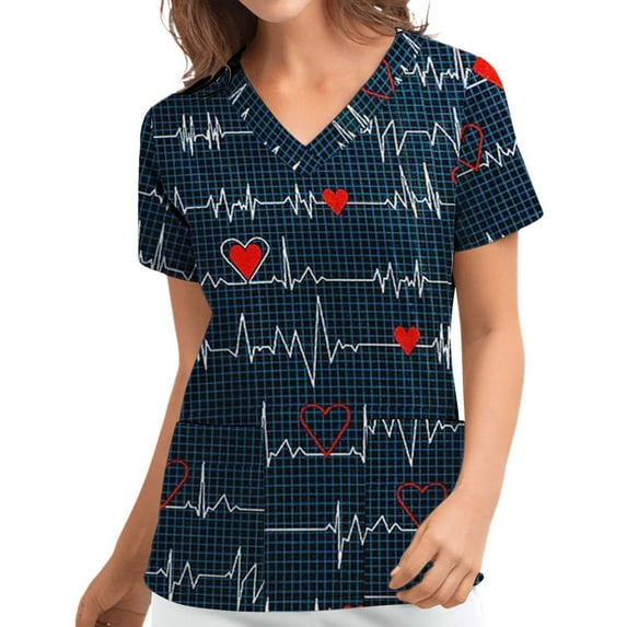 Ozmmyan Womens Tops Scrubs for Women Short Sleeve V-neck Scrubs Tops Working Uniform Printed with Two Pockets Blouse Nursing Uniform Saving Clearance