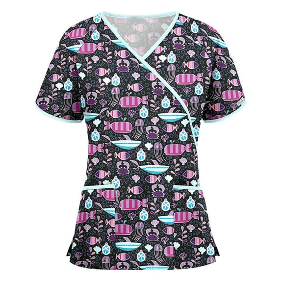 Ozmmyan Womens Tops Scrubs for Women Short Sleeve V-neck Scrubs Tops Working Uniform Printed with Two Pockets Blouse Nursing Uniform Saving Clearance