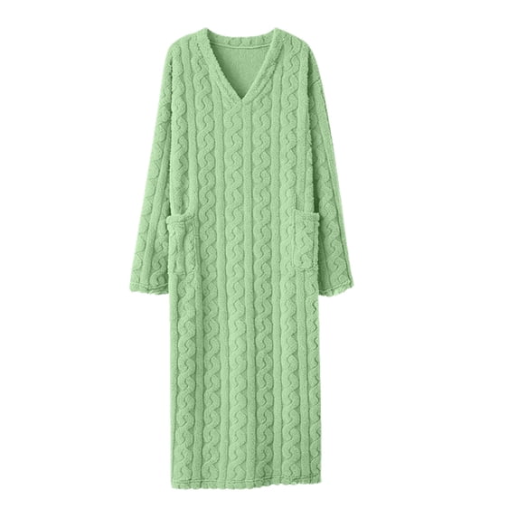 Ozmmyan Womens V Neck Long Sleeve Fleece Robe for Womens Cable Knit Pattern Long Bathrobe with Pockets Soft Warm Loungewear Nightgown