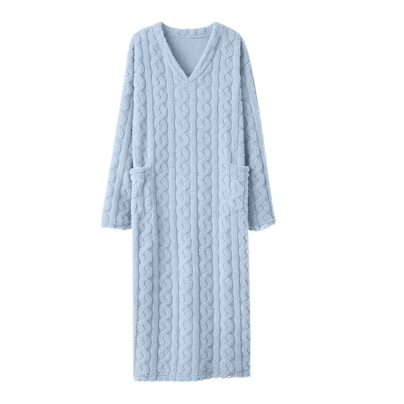 Ozmmyan Womens V Neck Long Sleeve Fleece Robe for Womens Cable Knit Pattern Long Bathrobe with Pockets Soft Warm Loungewear Nightgown