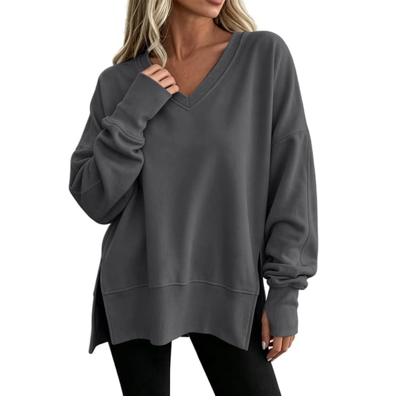 Ozmmyan Womens V Neck Long Sleeve Sweatshirt Side Slit Oversized Relaxed Fit Shirt Fall Winter
