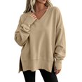 thumbnail image 1 of Ozmmyan Womens V Neck Long Sleeve Sweatshirt Side Slit Oversized Relaxed Fit Shirt Fall Winter, 1 of 7