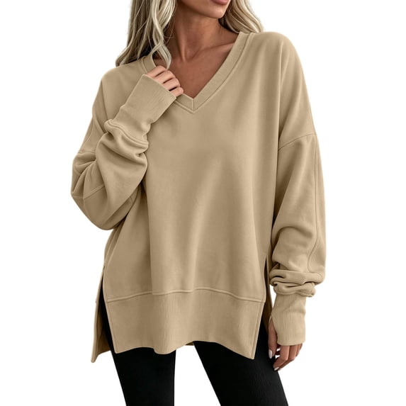 Ozmmyan Womens V Neck Long Sleeve Sweatshirt Side Slit Oversized Relaxed Fit Shirt Fall Winter