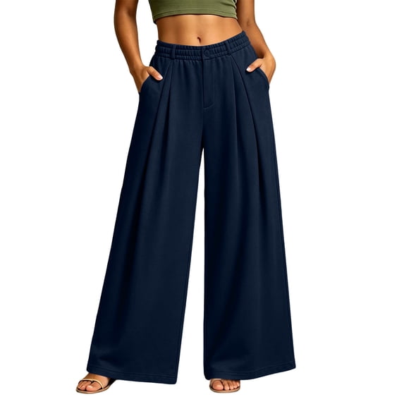 Ozmmyan Womens Wide Leg Sweatpants Zipper Button Pockets Elastic Waist Casual Loose Fit Lounge Pants for Winter