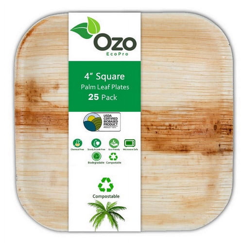 Ozo EcoPro 4" Square Palm Leaf Plates [25Pack] EcoFriendly Disposable