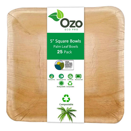 Ozo EcoPro Leaf Bowls 5" Square Bowls 100 Compostable, EcoFriendly, Microwave & Oven Safe