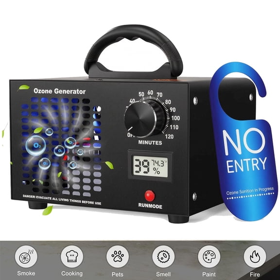 Ozone Generator 60,000mg/H with Temp/Humidity Display - 120 Min Timer O3 Ionizer Air Purifier for Large Spaces - Upgraded Ozone Machine for Cars, Homes, Hotels, Kitchens & Pet Areas
