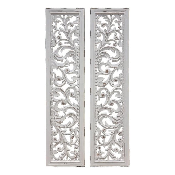 Benjara 50" Tall Ozy Carved Wall Art Panel - Distressed White (Set of 2)