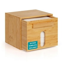 Ozzptuu Bamboo Box with Drawer & Towels XL, Face Towel, Disposable Makeup Remover Dry Wipes, Luxe Bamboo Container Drawer
