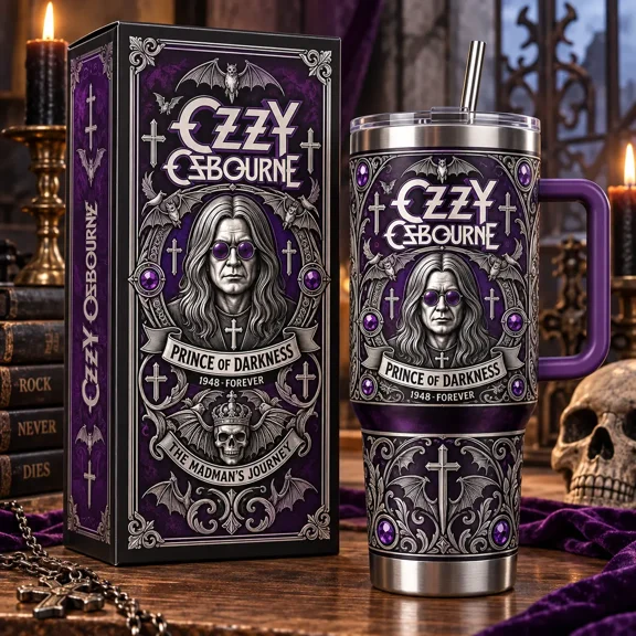 Ozzy Tumbler 40oz, Prince of Darkness Travel Cup, Gothic Rock Metal Tumbler with Handle, Insulated Stainless Steel Water Bottle, Heavy Metal Fan Gift, Rock Music Gift, Halloween Drinkware