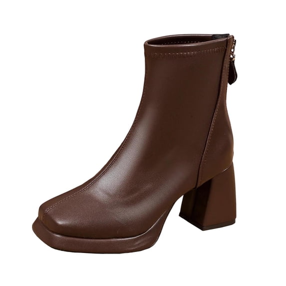 P-163 Brown Ladies Winter Fashionable Boots Back Zipper Chunky High Heel Solid Square Toe Casual Comfortable Short