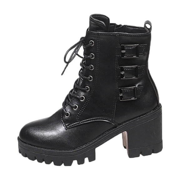 P-359 Black Ladies Lace Up Short Boots Metal Buckle Thick Sole Fall Winter Comfortable Casual Style