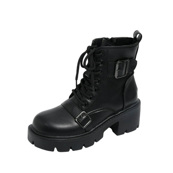 P-453 Black Women Fashionable Short Boots With Circular Toe Lace-Up Closure And Chunky Heel Mid-Heel For Casual Scenarios Leisure Wear