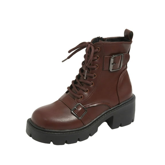 P-453 Brown Female Versatile Short Ankle Footwear With Round Toe String Design And Block Heel Mid-Heel For Fall Winter Comfort Leisure