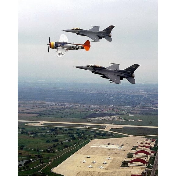 P-47 Thunderbolt & F-16 Side by Side - 12x18 Inch Laminated Aviation Poster - Stunning Detail and Bold Colors