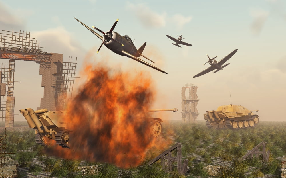 P-47 Thunderbolts attacking German Jagdpanther tanks during World War II Canvas Art - Mark StevensonStocktrek Images (36 x 23)