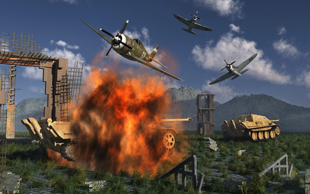 P-47 Thunderbolts attacking German Jagdpanther tanks during World War II Canvas Art - Mark StevensonStocktrek Images (36 x 23)