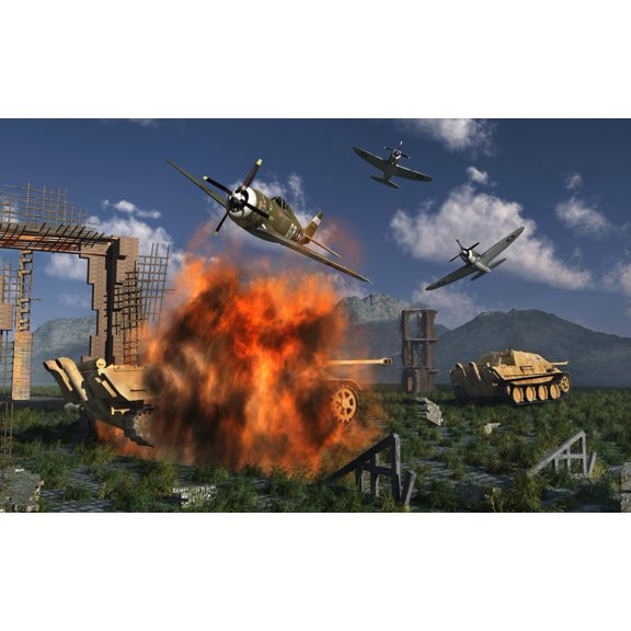 P-47 Thunderbolts attacking German Jagdpanther tanks during World War II Canvas Art - Mark StevensonStocktrek Images (36 x 23)