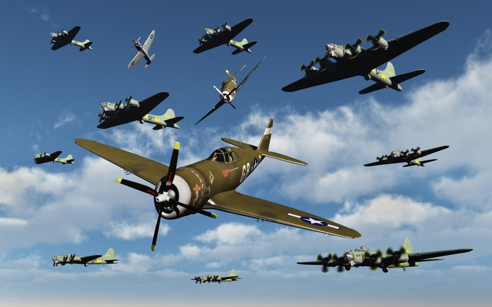 P-47 Thunderbolts escorting B-17 Flying Fortress bombers Canvas Art - Mark StevensonStocktrek Images (18 x 12)