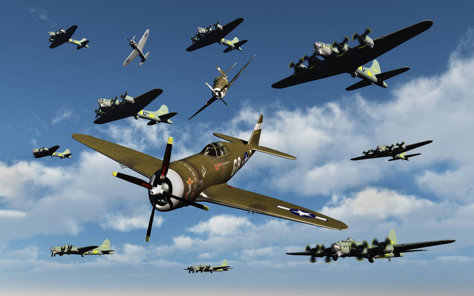 P-47 Thunderbolts escorting B-17 Flying Fortress bombers Canvas Art - Mark StevensonStocktrek Images (36 x 23)
