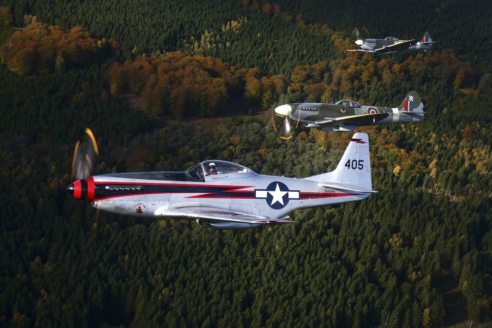 P-51 Cavalier Mustang with Supermarine Spitfire fighter warbirds Canvas Art - Daniel KarlssonStocktrek Images (18 x 12)