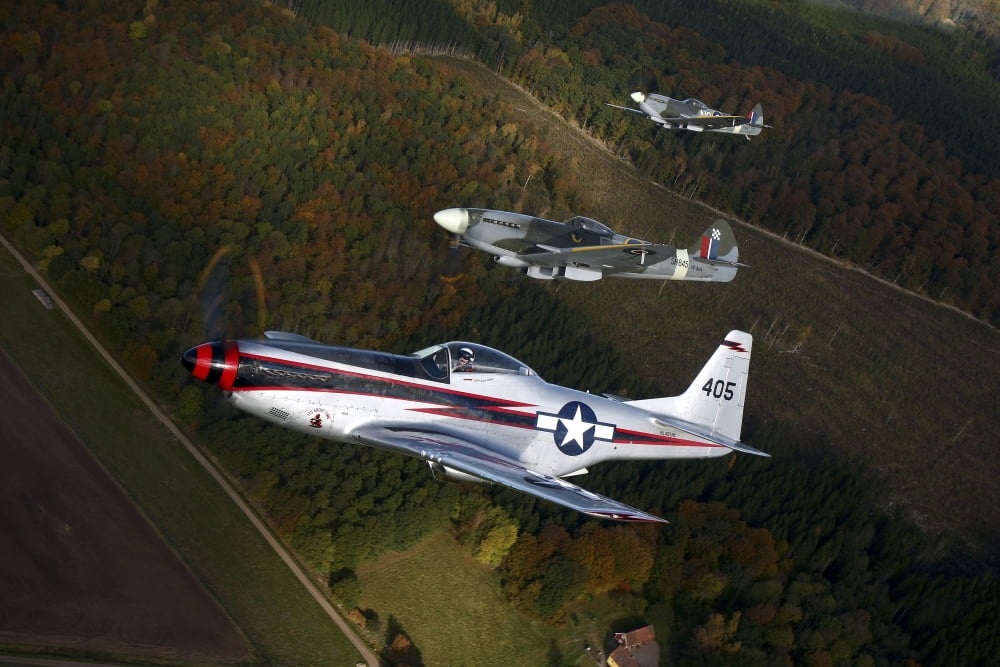 P-51 Cavalier Mustang with Supermarine Spitfire fighter warbirds Canvas Art - Daniel KarlssonStocktrek Images (18 x 12)