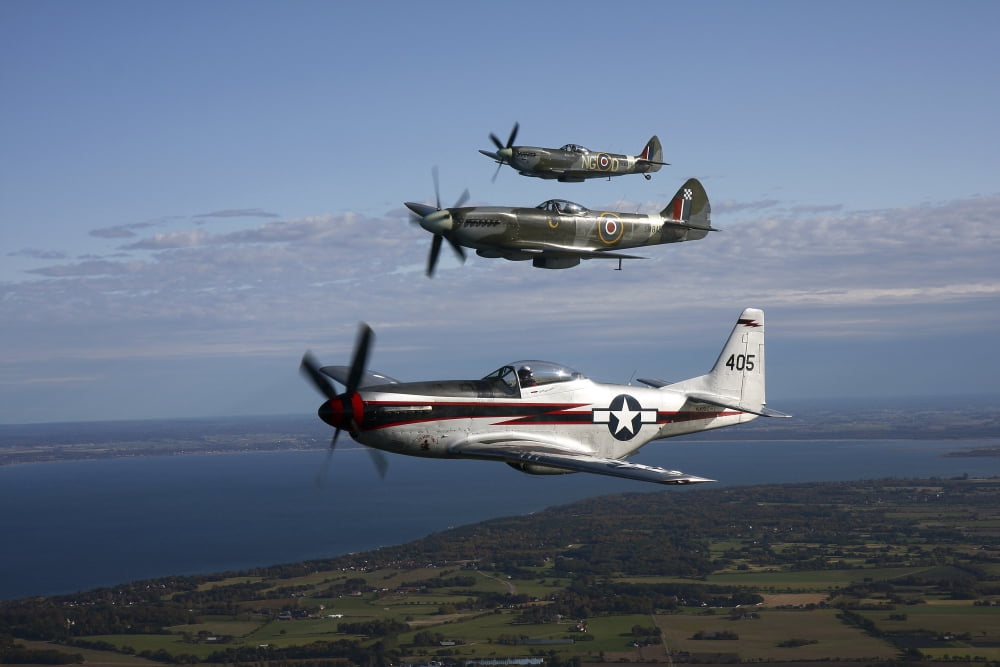P-51 Cavalier Mustang with Supermarine Spitfire fighter warbirds Canvas Art - Daniel KarlssonStocktrek Images (35 x 24)