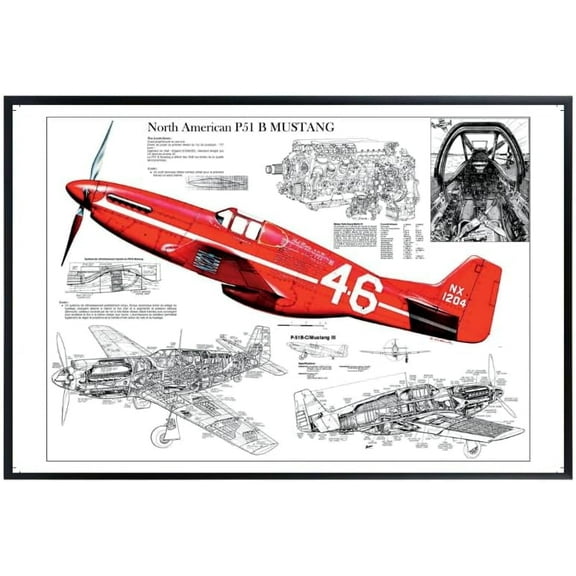 P-51 Mustang Blueprint Poster | WWII Military Aviation Wall Art | Vintage Warbird Diagram Artwork | World War 2 Airplane Print | Gifts for Pilots & Aviation Enthusiasts