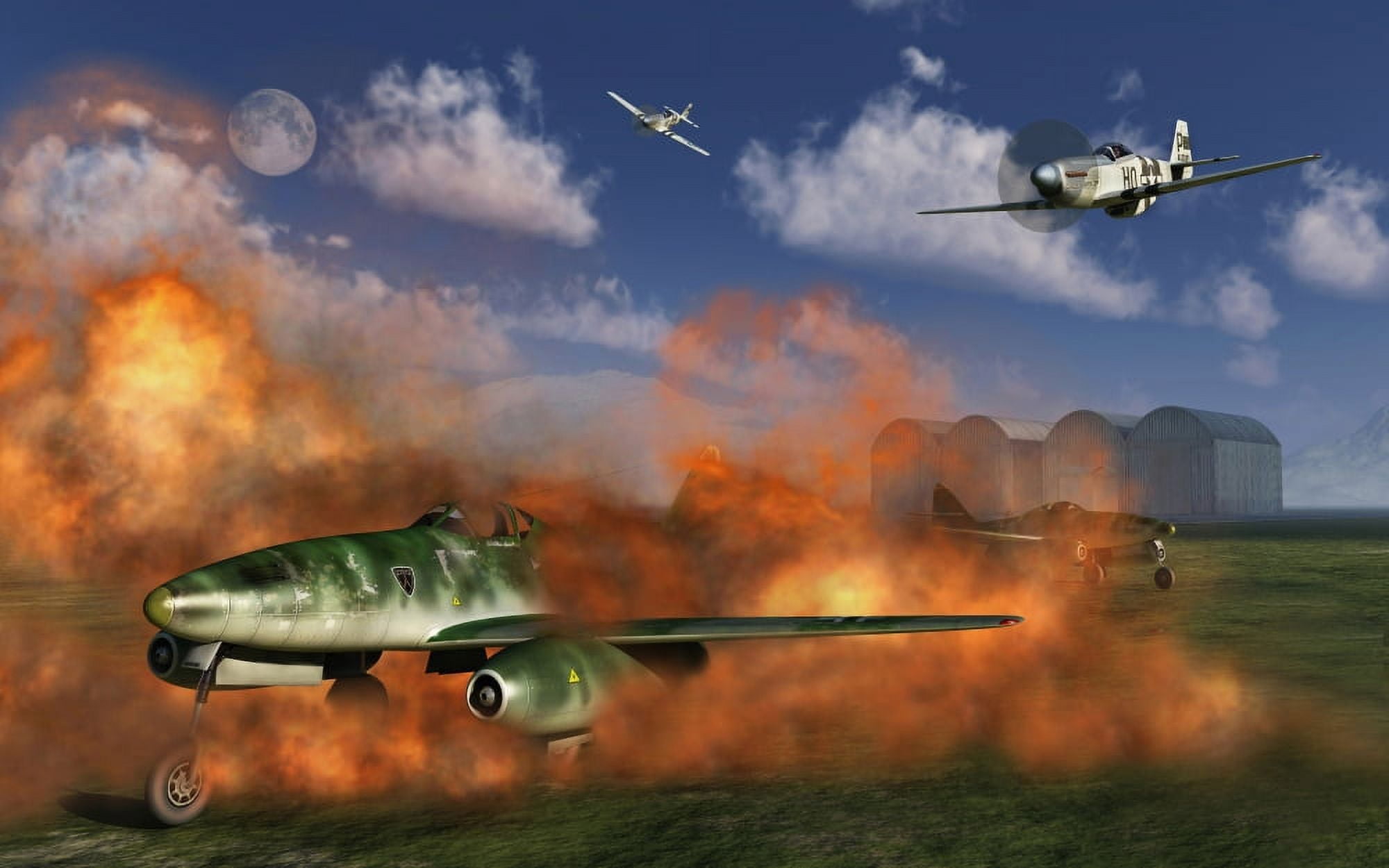 P-51 Mustang planes attacking a German Me 262 jetfighter airfield Canvas Art - Mark StevensonStocktrek Images (36 x 23)