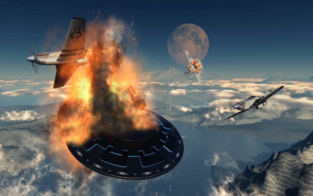 P-51 Mustangs attacking a flying saucer Canvas Art - Mark StevensonStocktrek Images (36 x 23)