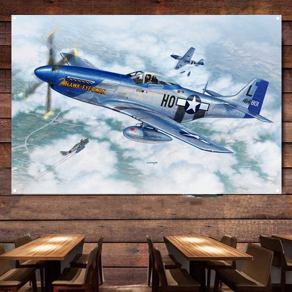 P-51D Mustang 'Hawk-Eye-Owan' Fighter Jet Banner Wall Art -  Aviation Military Artwork with Attack Aircraft Poster Wall Charts - Print Art Flag Tapestry For Room Bar Garage Man Cave Decor 38" x 57"