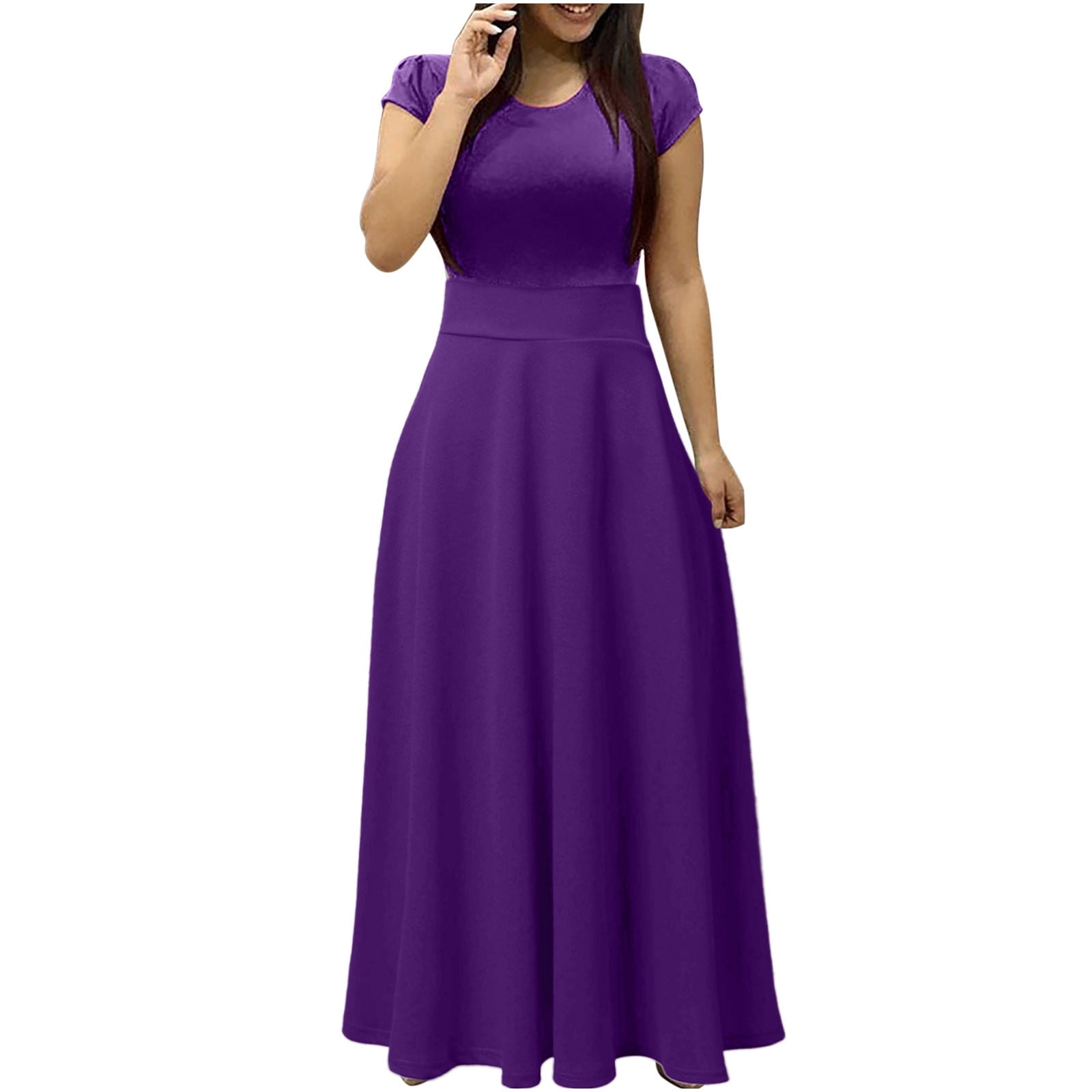 P 677 Purple Ladies Loose Fit Crewneck Spandex Dress for Juniors Short Sleeve Maxi Long Beach Casual Hawaiian T Shirt Tropical Plain Fall Summer 2024