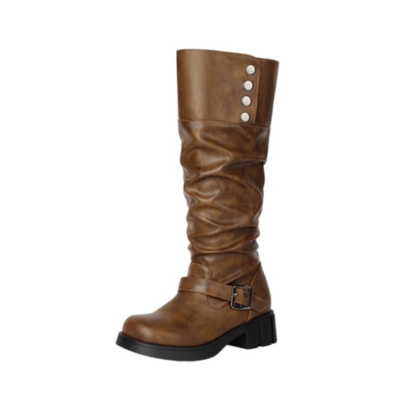 P-770 Khaki Solid Color Round Toe Mid Calf Boots With Stitching Chunky Low Heel For Women Winter Casual
