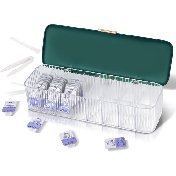 P-80 daily contact lens organizer with a Remover & a Tweezer, Disposable Contact Lens Dispenser, Clear Plastic Box for All Brands Daily Lens (Green)
