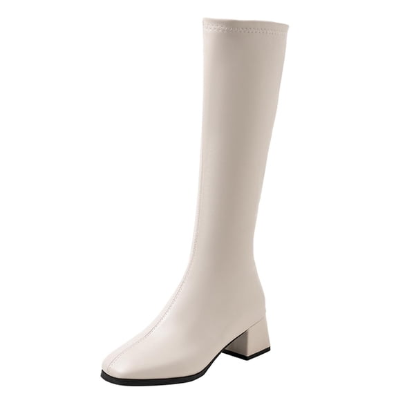 P-853 Beige Ladies Casual Vintage Mid Calf Boots Square Toe Chunky Heel Sleeve Solid Color Winter Comfortable Footwear