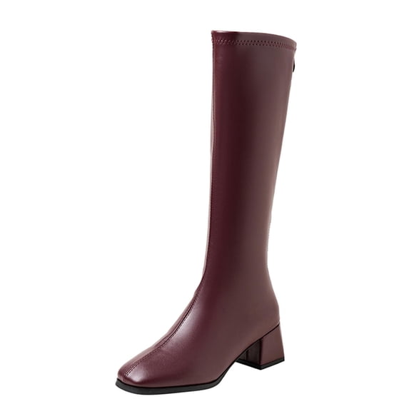 P-853 Wine Ladies Casual Winter Mid Calf Boots Square Toe Sleeve Chunky Heel Solid Color Vintage Comfortable Shoes