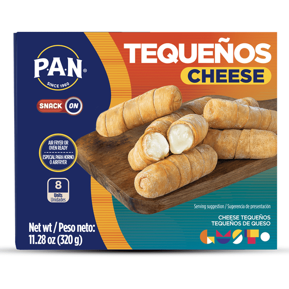 P.A.N. Snack on Cheese Tequenos (Pre-Cooked Dough-Wrapped Cheese Sticks) 8 Sticks per Package. 11.29 oz per Box. (Frozen)